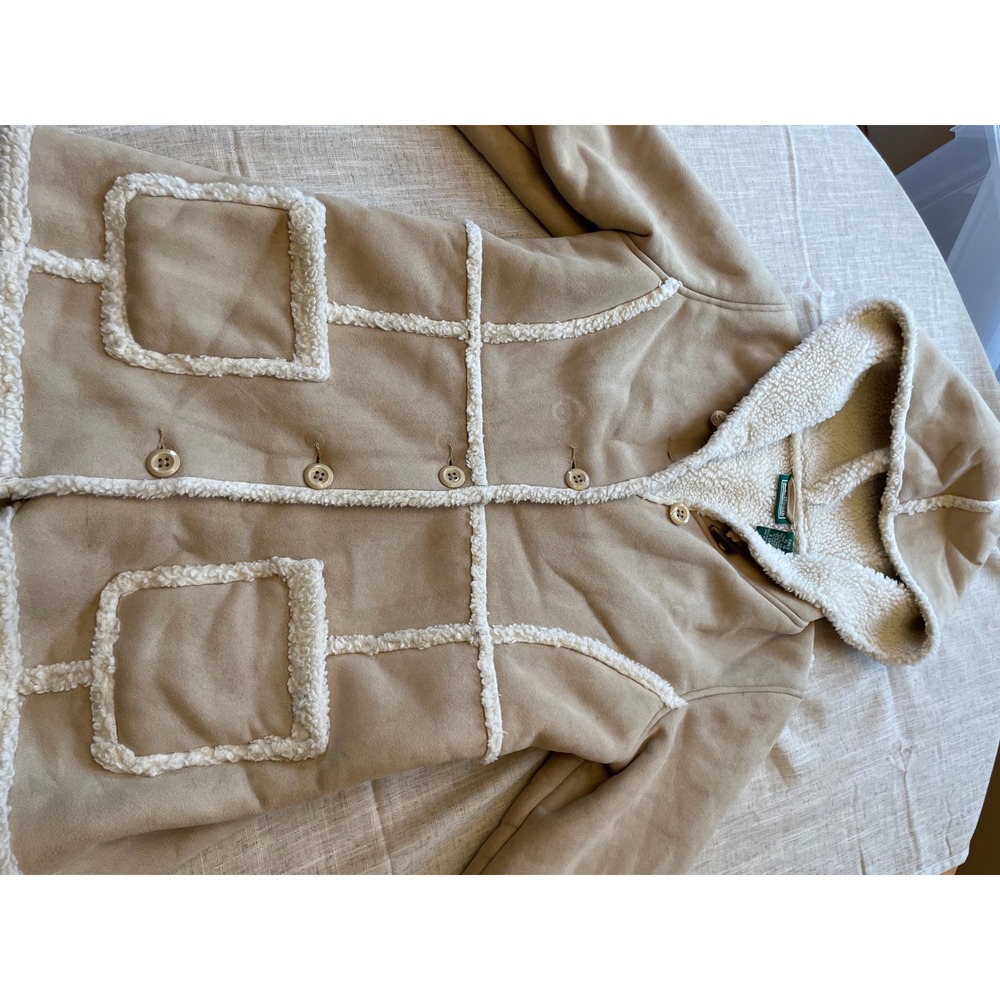 L.L.Bean Girls Sherpa Lined Suede Jacket‎ Hooded Tan Size XL